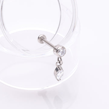 Detail View 1 of Implant Grade Titanium OneFit Threadless Sparkle Gem Marquise Dangle Flat Back Labret-Clear Gem